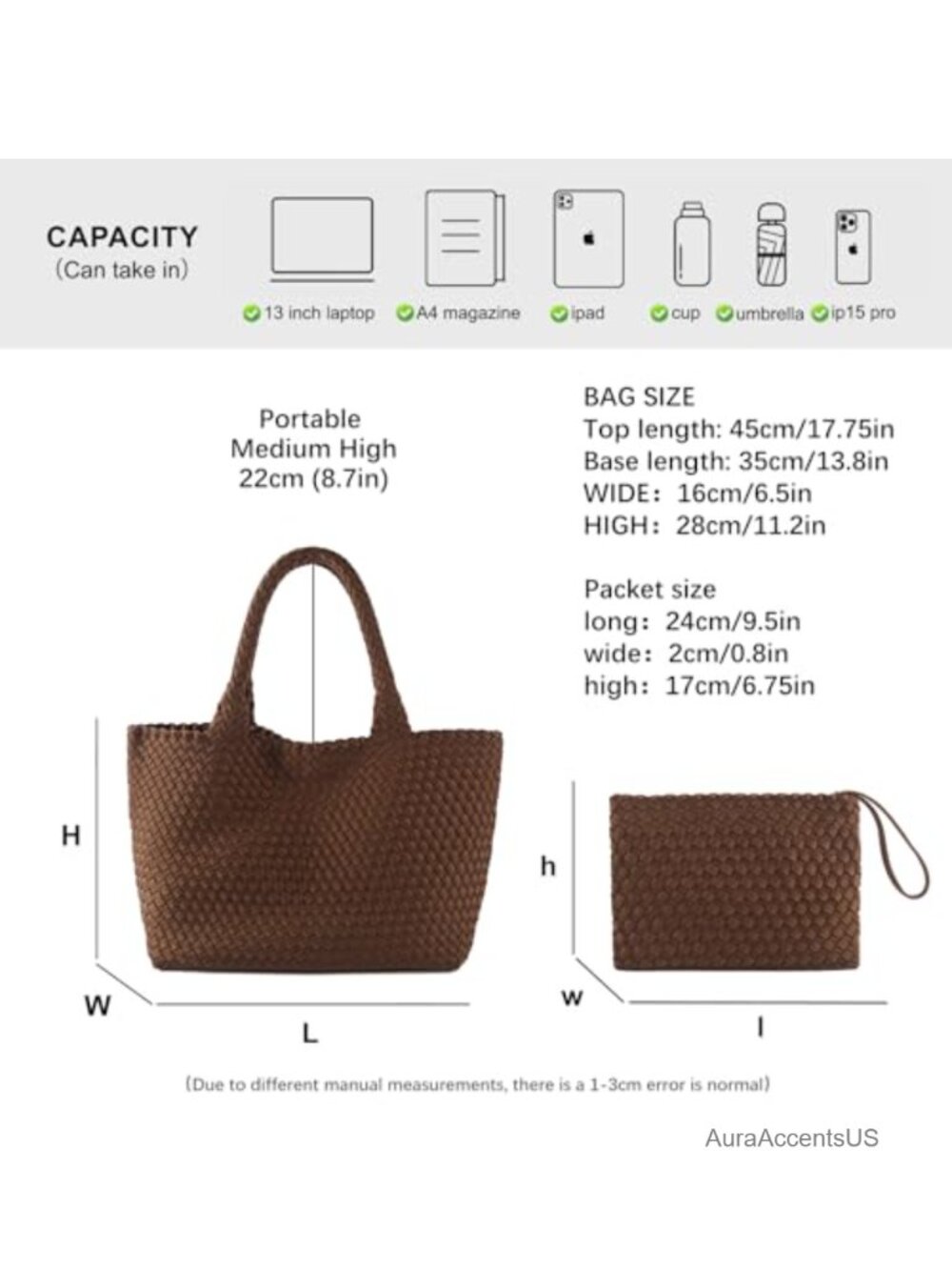 Large Neoprene Woven Tote Bag with Clutch - Handmade Hobo Shoulder Bag - Picture 3 of 6